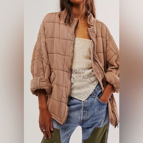 Free People Quilted Dolman-Sleeve Jacket Tan Champagne Diamonds Womens Size XS - Picture 5 of 13